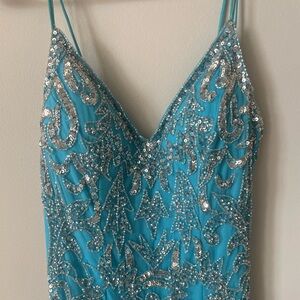 Turquoise Sequin Spaghetti-Strap Prom Dress